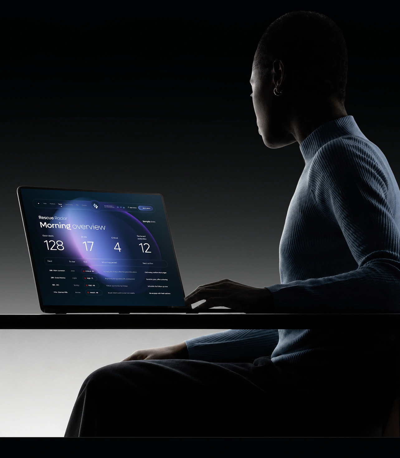 A sales manager reviewing Sensa’s morning overview on a laptop