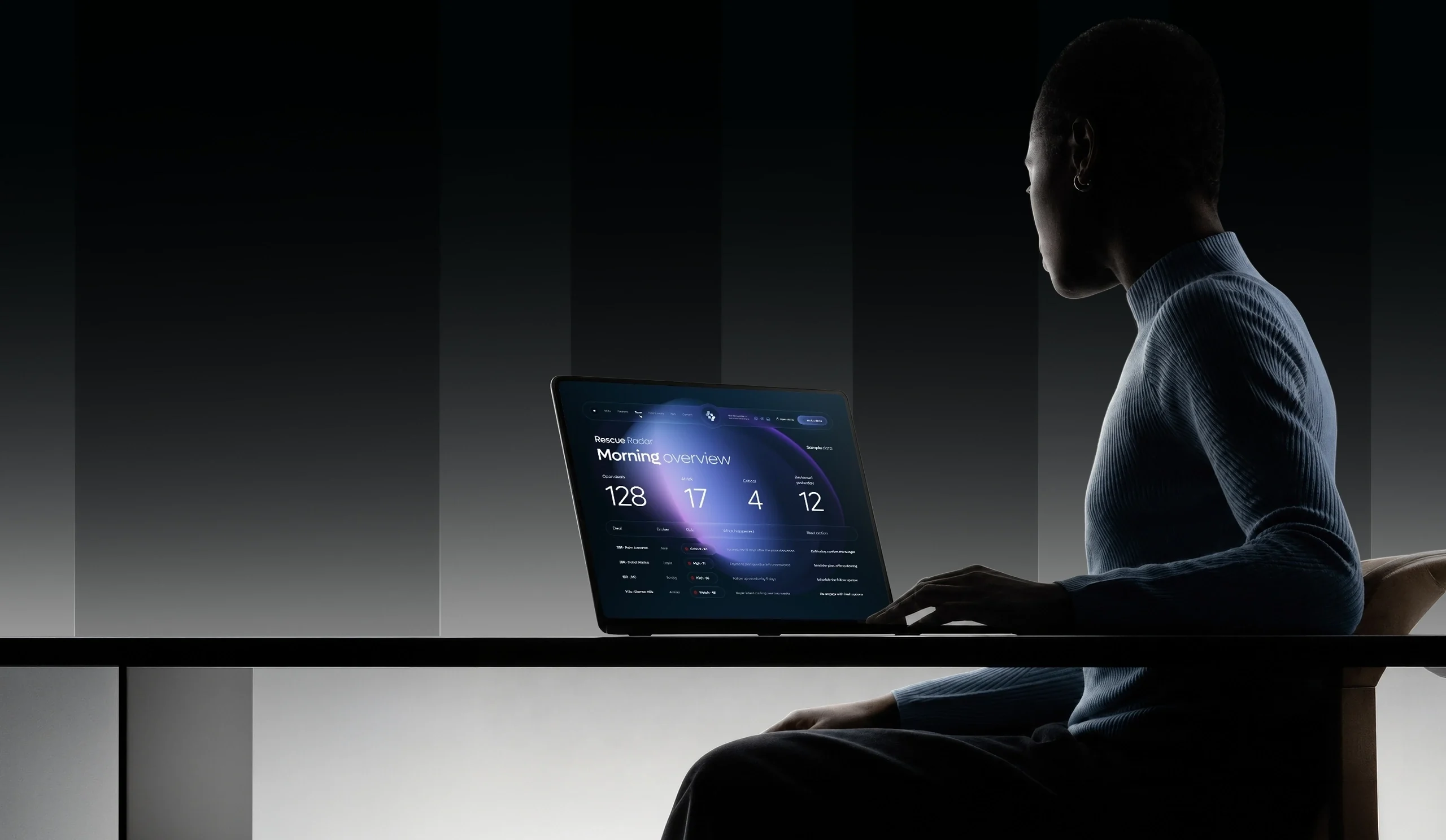A sales manager reviewing Sensa’s morning overview on a laptop