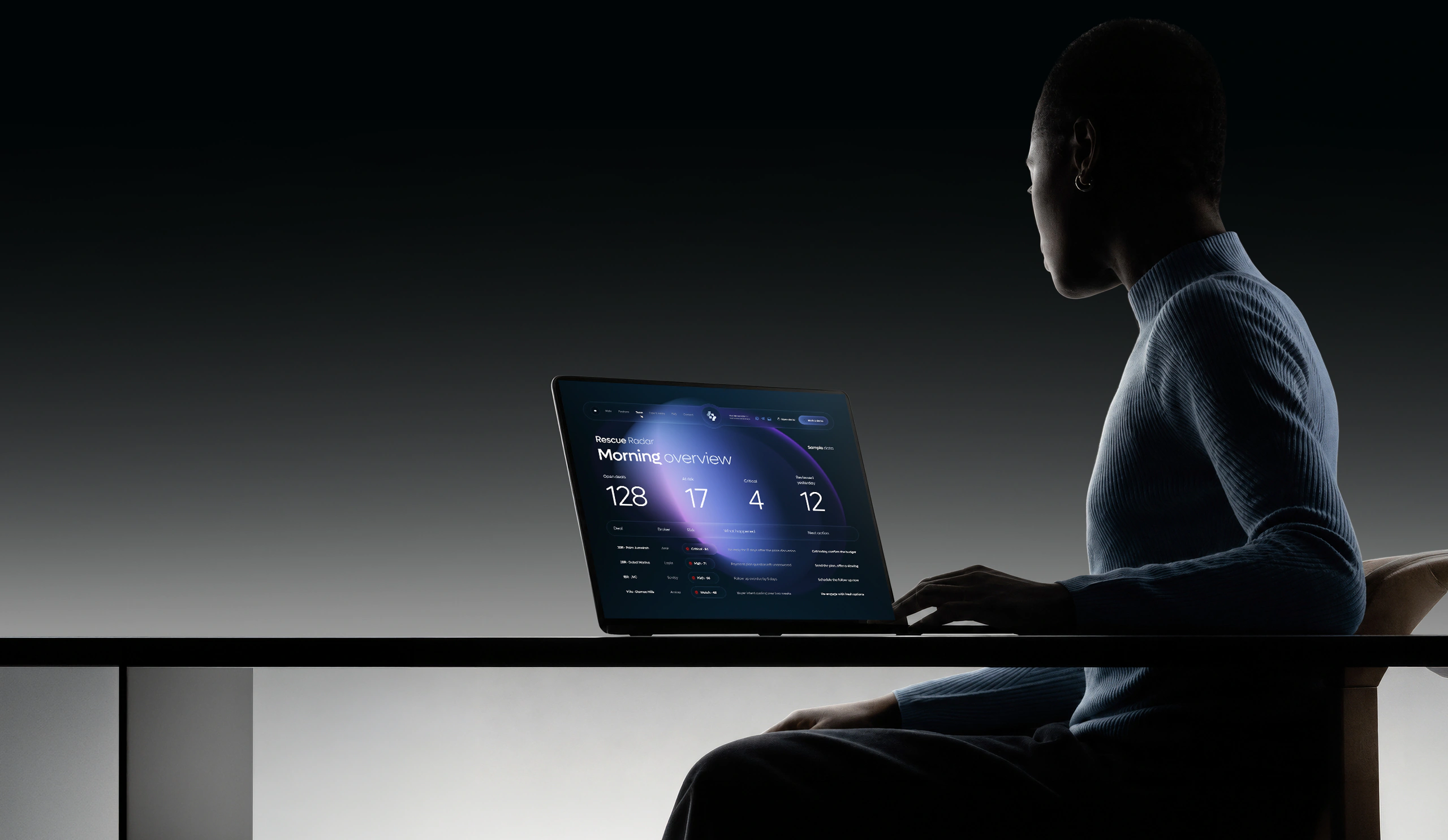 A sales manager reviewing Sensa’s morning overview on a laptop