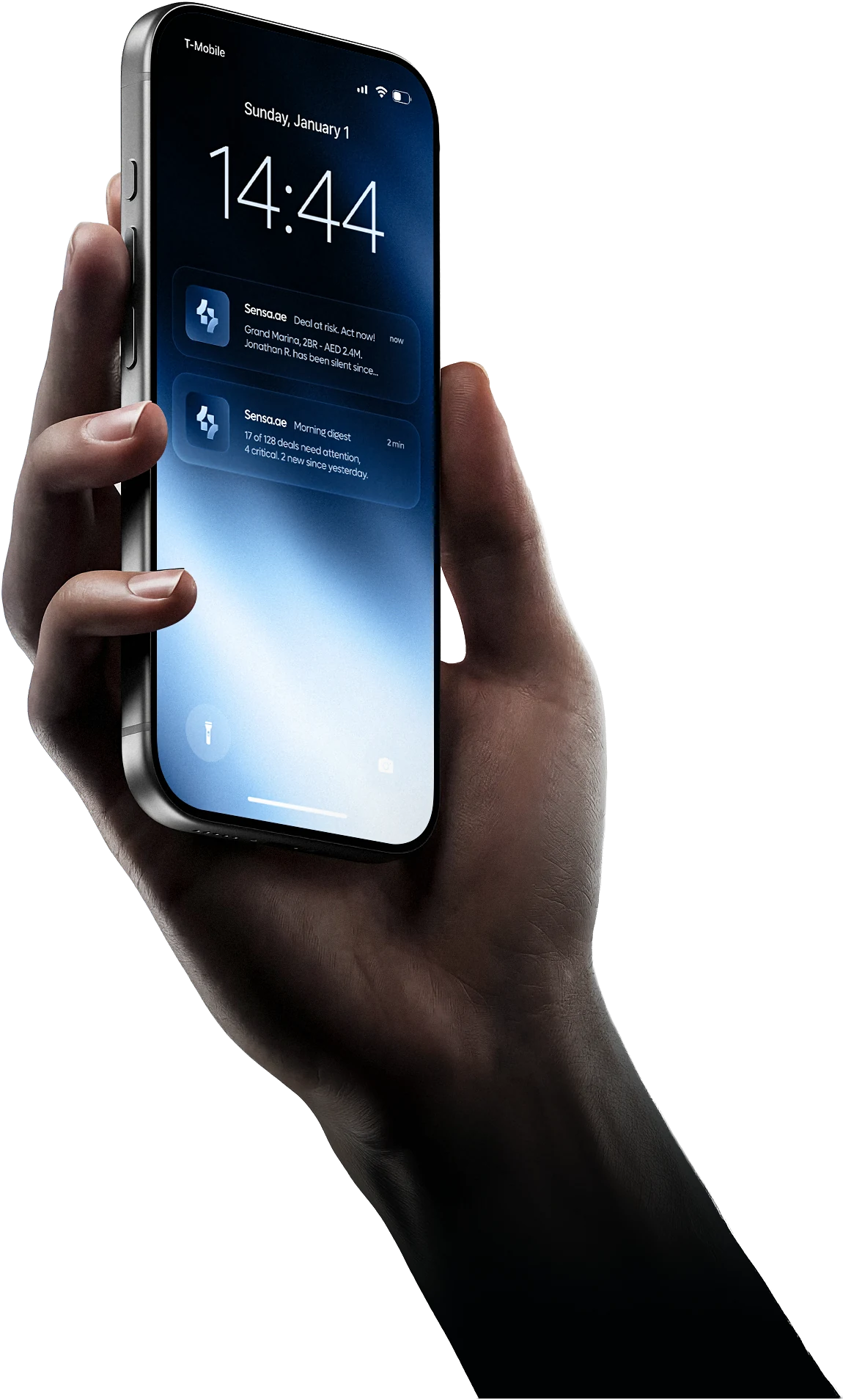 Phone showing a Sensa deal-at-risk alert and the morning digest