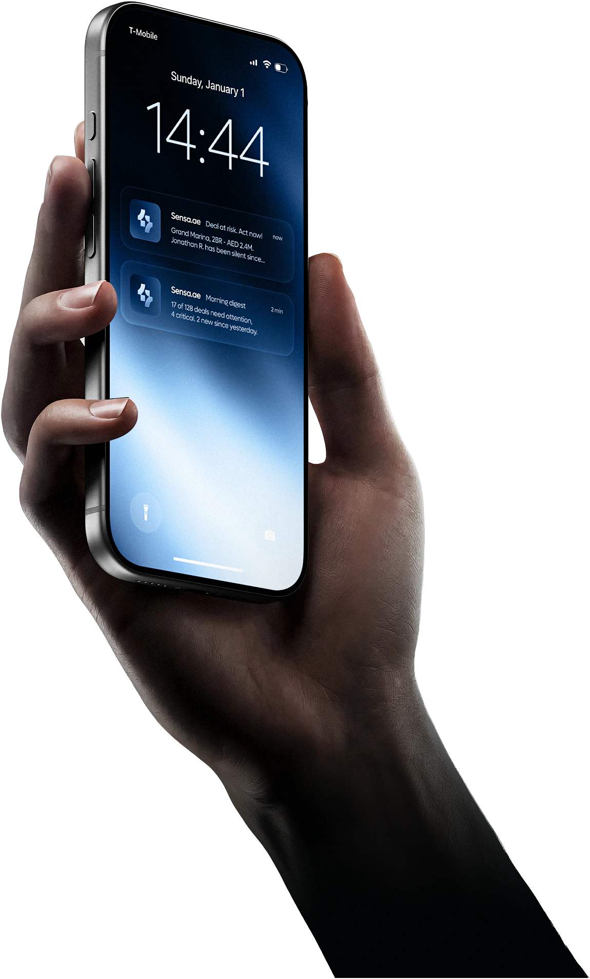 Phone showing a Sensa deal-at-risk alert and the morning digest
