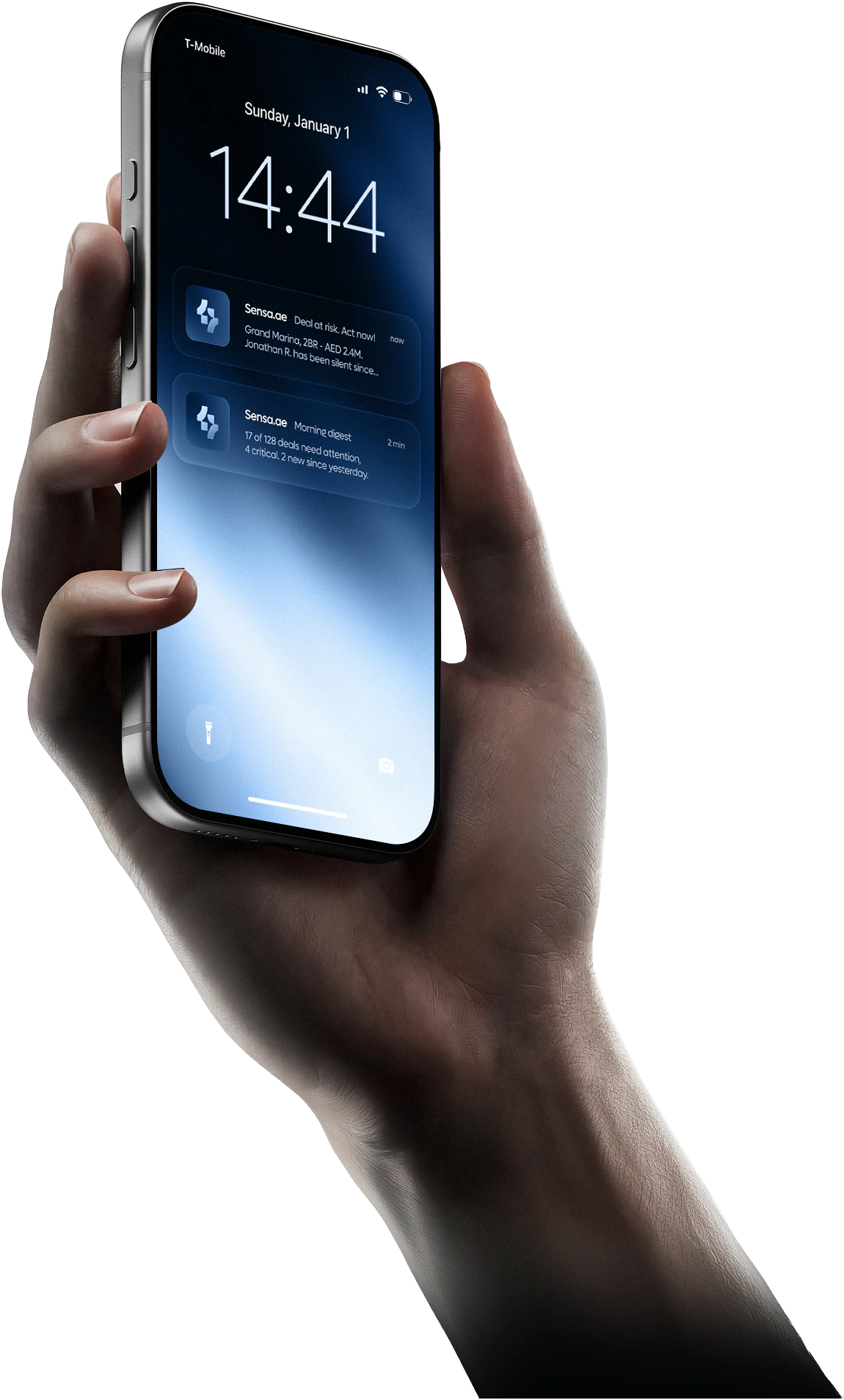 Phone showing a Sensa deal-at-risk alert and the morning digest